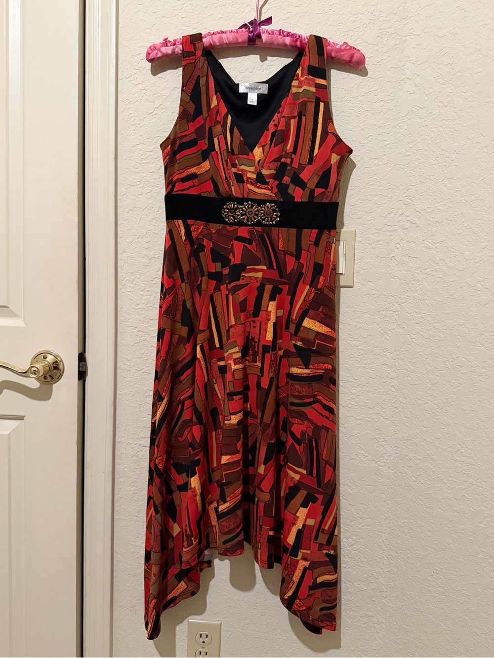 dressbarn Red, Black & Orange Abstract V-Neck Asymmetrical Dress
